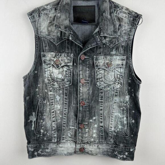 True Religion Vest Mens S Gray Bleached Denim Trucker Distressed - Picture 1 of 9